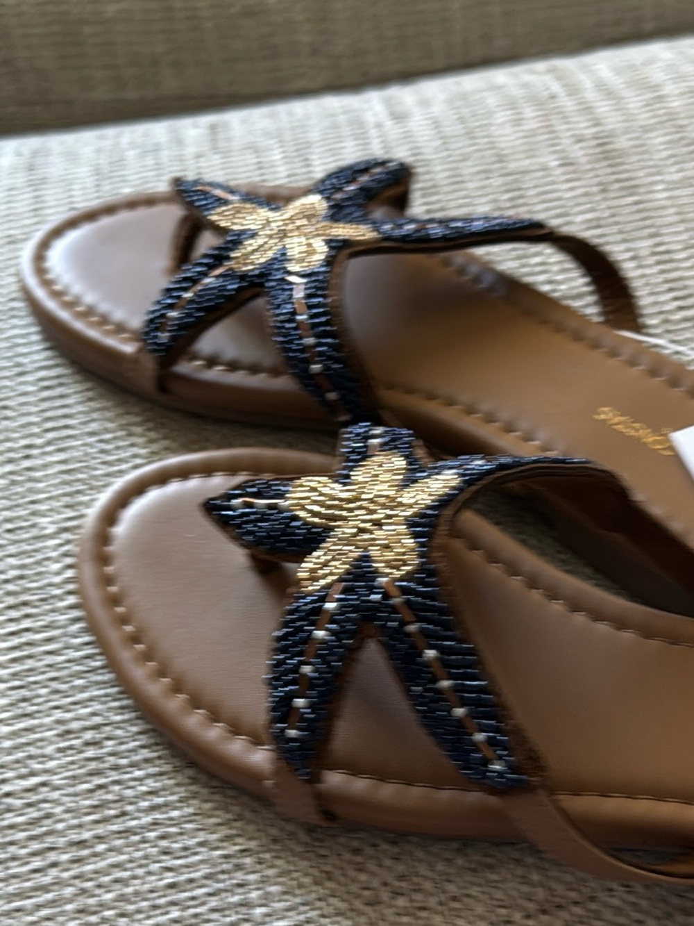 Caroline Constas Navy & Tan Starfish Beaded Flip Flop Beach Sandals - Picture 7 of 16